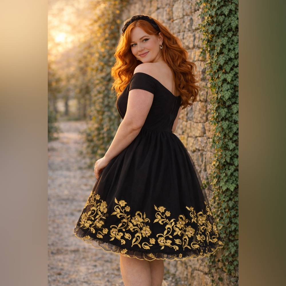 Torrid Retro Chic Black & Gold Embroidered Tulle Swing Dress, Size 14, NWT! - Picture 8 of 16